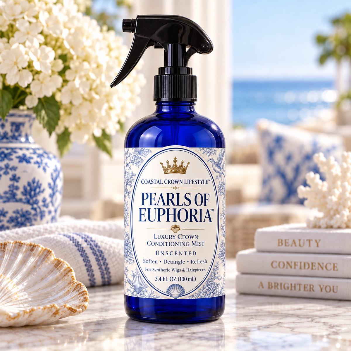 Pearls of Euphoria Unscented conditioning mist in a blue bottle with black trigger sprayer.